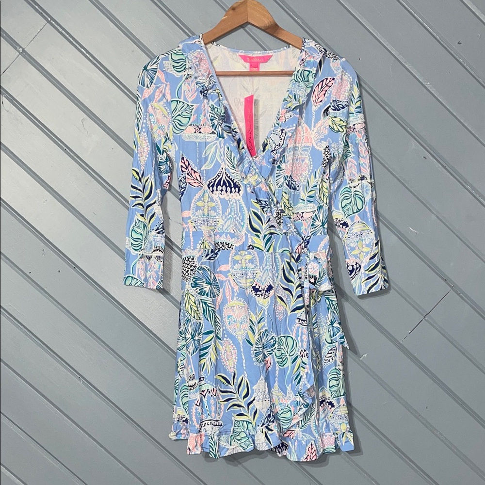 Lilly Pulitzer Jessalynne Wrap Romper in Blue Peri Lapis Lanterns